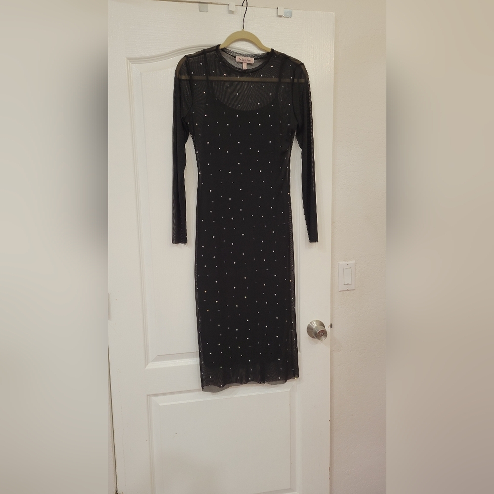 Harlow and Rose size S/M black mesh dress rhinestones below knee long sleeve